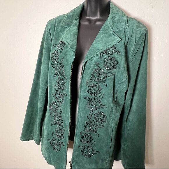 Vintage Suede Leather Green Beaded Black Blazer Single Breast Retro Rockabilly - Picture 4 of 12